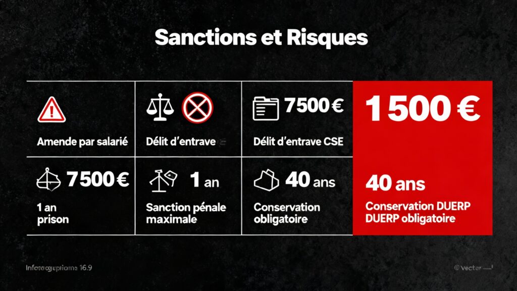 Sanctions amendes employeur visite médicale oubliée DUERP non conforme 1500 euros délit entrave Paris