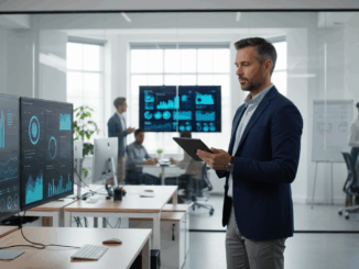 Manager supervisant des agents IA sur tablette dans un bureau moderne avec écrans de monitoring