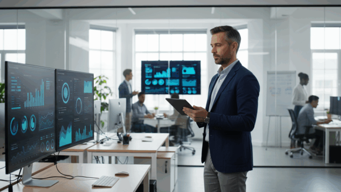 Manager supervisant des agents IA sur tablette dans un bureau moderne avec écrans de monitoring